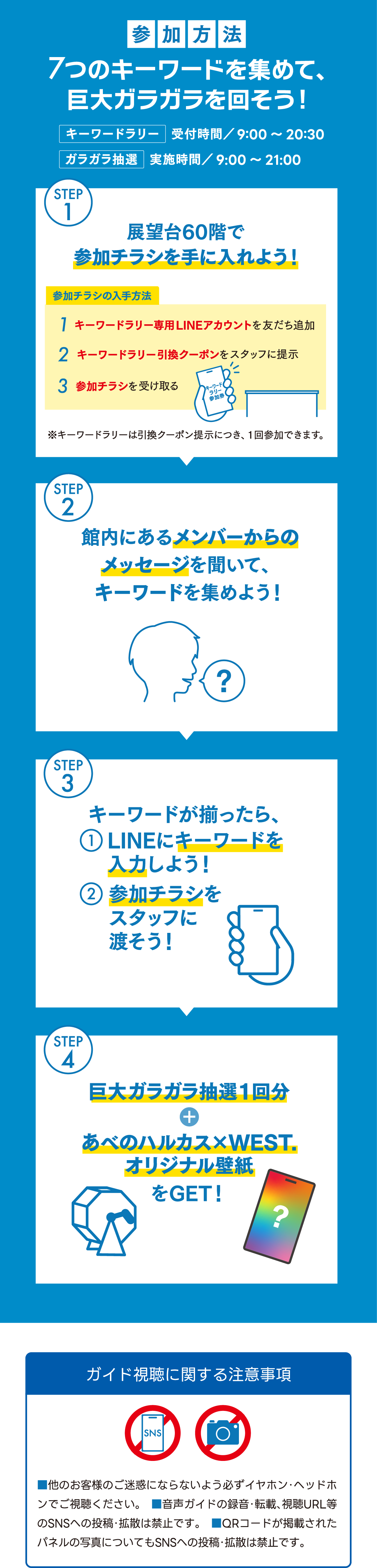 参加方法 7つのキーワードを集めて、巨大ガラガラを回そう！キーワードラリー 受付時間／9:00〜20:30 ガラガラ抽選 受付時間／9:00〜21:00 STEP1 展望台60階で参加チラシを手に入れよう！ 1.キーワードラリー専用LINEアカウントを友だち追加 2.キーワードラリー引換クーポンをスタッフに提示 3.参加チラシを受け取る STEP2 館内にあるメンバーからのメッセージを開いて、キーワードを集めよう！ STEP3 キーワードが揃ったら、①LINEにキーワードを入力しよう②参加チラシをスタッフに渡そう！ STEP4 巨大ガラガラ抽選1回分+あべのハルカス×WEST. オリジナル壁紙をGET！ ※キーワードラリーは引換クーポン提示につき、1回参加できます。ガイド視聴に関する注意事項 ■他のお客様のご迷惑にならないよう必ずイヤホン・ヘッドホンでご視聴ください。■音声ガイドの録音・転載、視聴URL等のSNSへの投稿・拡散は禁止です。■QRコードが掲載されたパネルの写真についてもSNSへの投稿・拡散は禁止です。